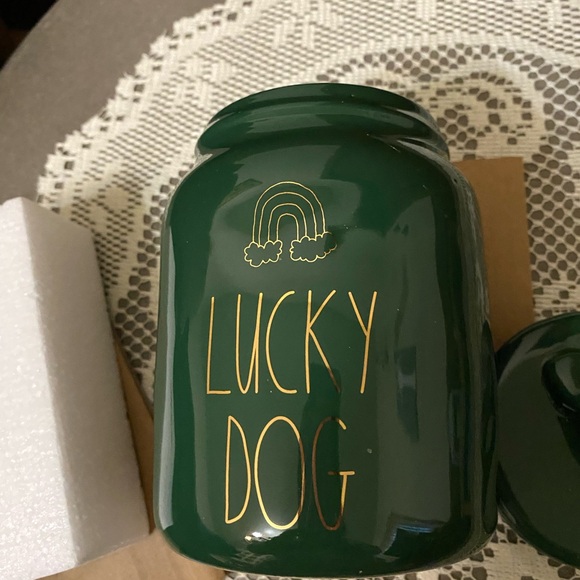 New Rae Dunn Lucky Dog Canister with Lid Color is Green with Gold writing. - Picture 5 of 8